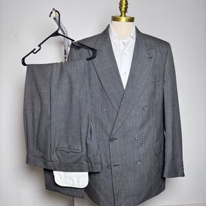 Arezzo Suit Mens 44L 36x32 Grey Micro-Check‎ Double Breasted 100% Wool Slovenia